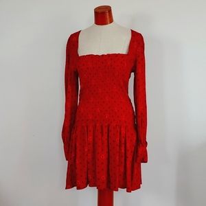Free People Red Smocked Mini Dress w Long Sleeves Small